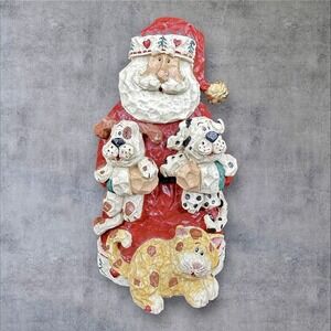 Santa's Pets With Dogs And Cat Carved Wood Look Home Interiors 1999 Vintage